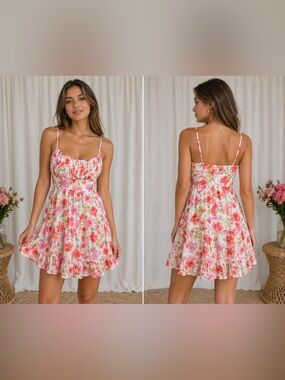 Sky to Moon Pink Coral Floral Mini Sundress | Romantic Spaghetti Strap Dress L